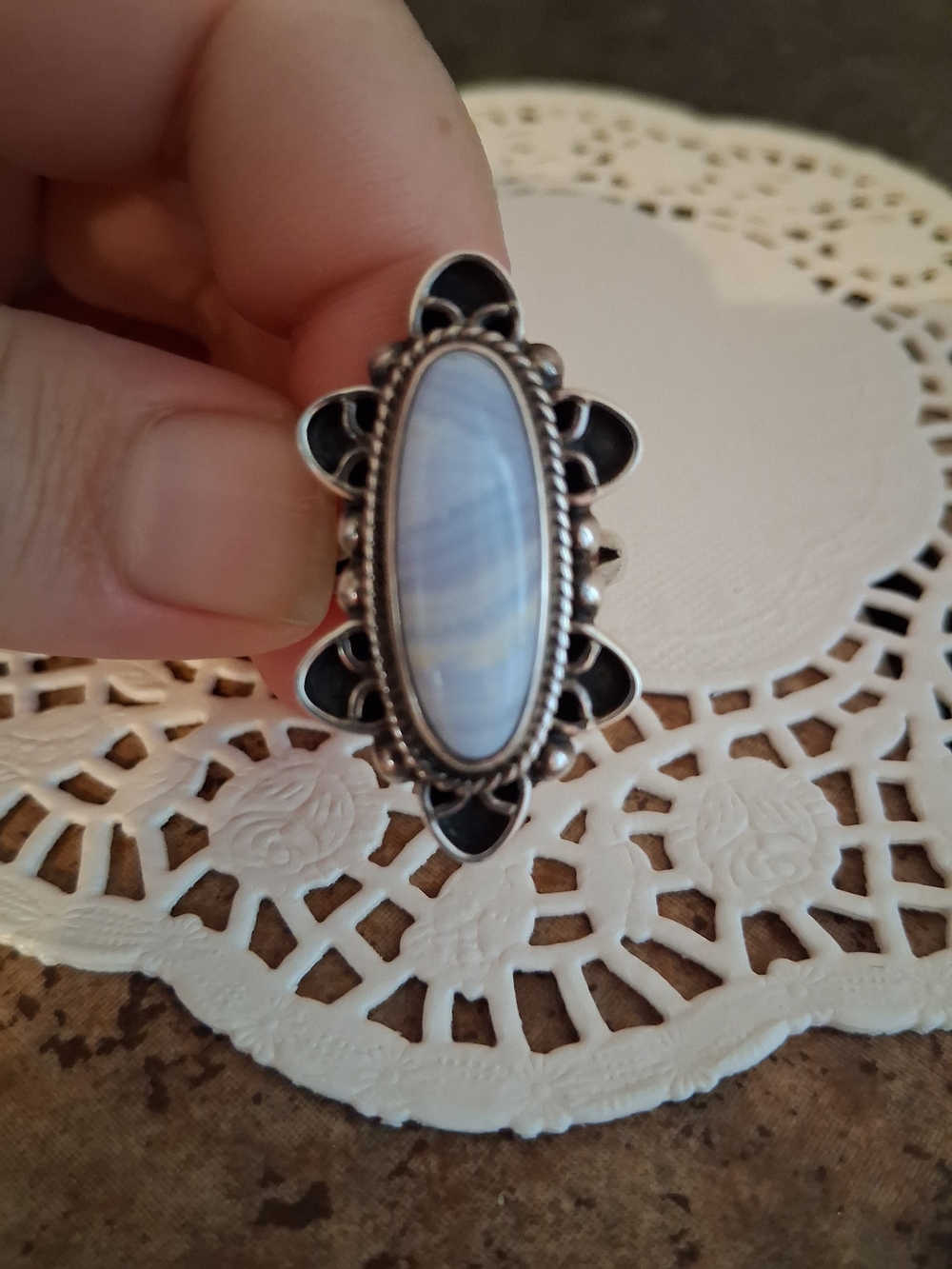vintage CII Mexico sterling silver blue lace agate statement ring